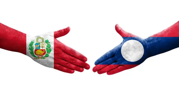 Χειραψία Μεταξύ Λάος Και Περού Σημαίες Ζωγραφισμένα Στα Χέρια Απομονωμένη — Φωτογραφία Αρχείου