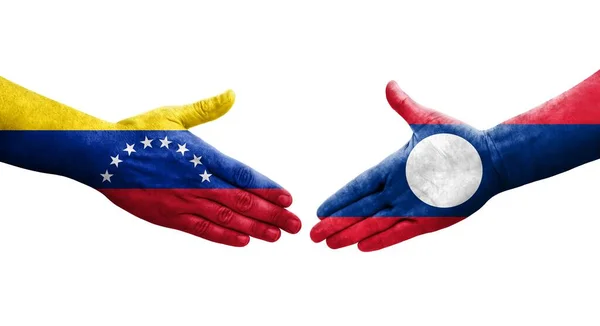Aperto Mão Entre Laos Bandeiras Venezuela Pintadas Mãos Imagem Transparente — Fotografia de Stock