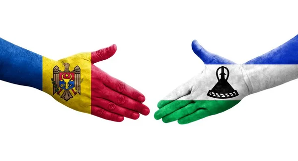 Aperto Mão Entre Lesoto Moldávia Bandeiras Pintadas Mãos Imagem Transparente — Fotografia de Stock