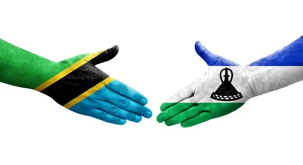 Aperto Mão Entre Lesoto Bandeiras Tanzânia Pintadas Mãos Imagem Transparente — Fotografia de Stock