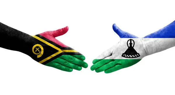 Stretta Mano Tra Bandiere Lesotho Vanuatu Dipinte Mani Immagine Isolata — Foto Stock