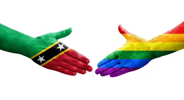 Handdruk Tussen Lgbt Saint Kitts Nevis Vlaggen Geschilderd Handen Geïsoleerd — Stockfoto