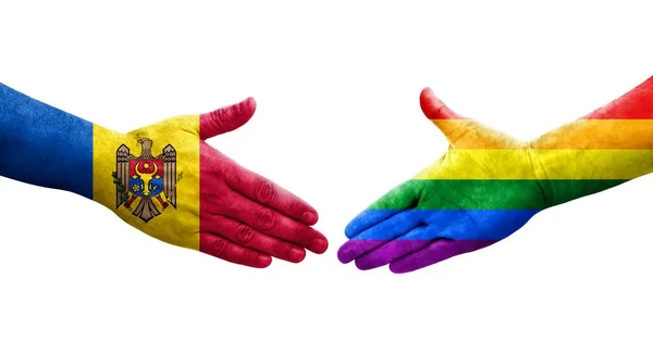 Handdruk Tussen Lgbt Moldavische Vlaggen Handen Geschilderd Geïsoleerd Transparant Beeld — Stockfoto