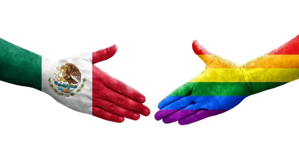 Apretón Manos Entre Banderas Lgbt México Pintadas Las Manos Imagen —  Fotos de Stock