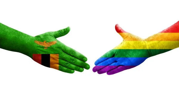 手に描かれたLgbtとザンビアの旗の間の握手 孤立した透明なイメージ — ストック写真