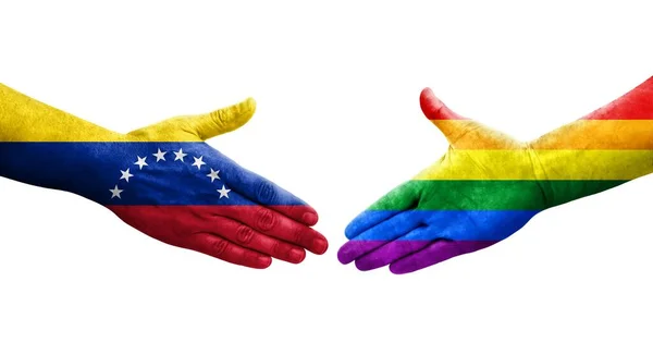 手に描かれたLgbtとベネズエラの旗の間の握手 孤立した透明なイメージ — ストック写真