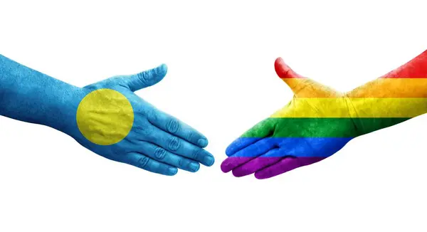男女同性恋 双性恋和变性者与帕劳国旗之间的握手 孤立透明的图像 — 图库照片