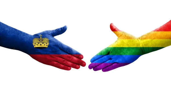手に描かれたLgbtとリヒテンシュタインの旗の間の握手 孤立した透明なイメージ — ストック写真