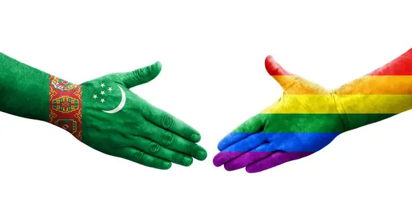 Handslag Mellan Hbt Och Turkmenistan Flaggor Målade Händer Isolerad Transparent — Stockfoto