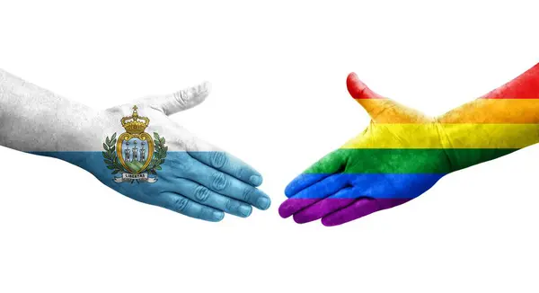 Handslag Mellan Hbt Och San Marino Flaggor Målade Händer Isolerad — Stockfoto