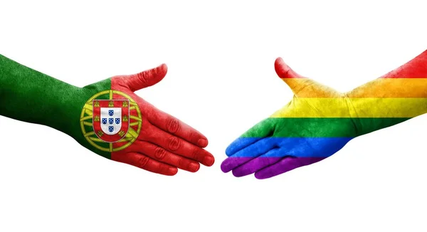 Handslag Mellan Hbt Och Portugal Flaggor Målade Händer Isolerad Transparent — Stockfoto