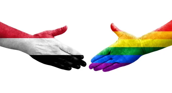 Aperto Mão Entre Bandeiras Lgbt Iêmen Pintadas Mãos Imagem Transparente — Fotografia de Stock