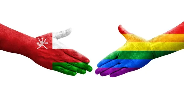 Handslag Mellan Hbt Och Oman Flaggor Målade Händer Isolerad Transparent — Stockfoto