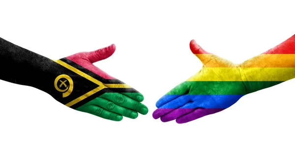 Handdruk Tussen Lgbt Vanuatu Vlaggen Geschilderd Handen Geïsoleerd Transparant Beeld — Stockfoto