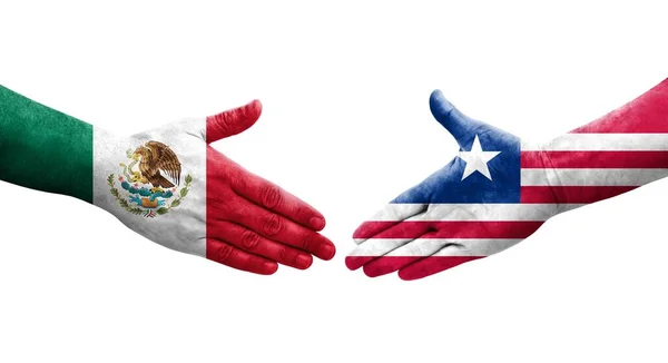Handdruk Tussen Liberia Mexico Vlaggen Geschilderd Handen Geïsoleerd Transparant Beeld — Stockfoto