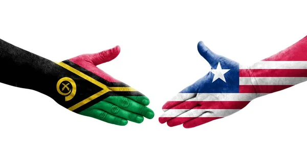 Liberya Vanuatu Bayrakları Arasındaki Sıkışma Ellerinde Izole Şeffaf Görüntü — Stok fotoğraf