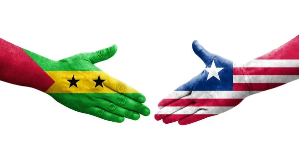 Aperto Mão Entre Libéria São Tomé Príncipe Bandeiras Pintadas Mãos — Fotografia de Stock