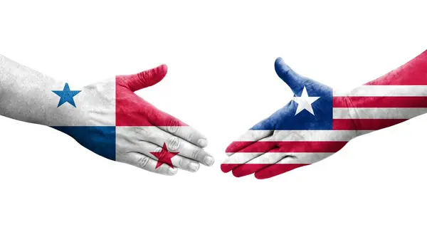 Рукостискання Між Ліберією Панамськими Прапорами Намальоване Руках Ізольоване Прозоре Зображення — стокове фото