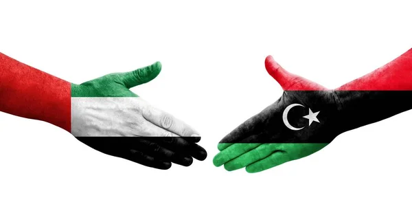 Kézfogás Líbia Eae Zászlók Festett Kézen Elszigetelt Átlátszó Kép — Stock Fotó