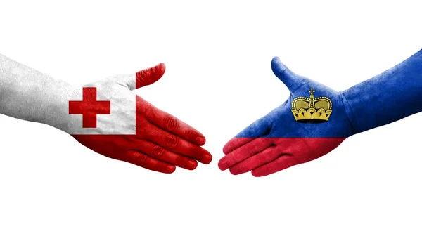 Kézfogás Liechtenstein Tonga Zászlók Festett Kézen Elszigetelt Átlátszó Kép — Stock Fotó