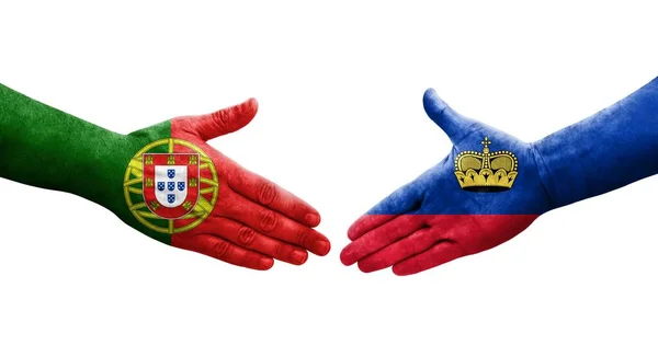 Uścisk Dłoni Między Flagami Liechtensteinu Portugalii Namalowanymi Rękach Odizolowany Przezroczysty — Zdjęcie stockowe