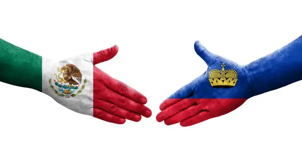 Kézfogás Liechtenstein Mexikó Között Kézre Festett Zászlók Elszigetelt Átlátszó Kép — Stock Fotó