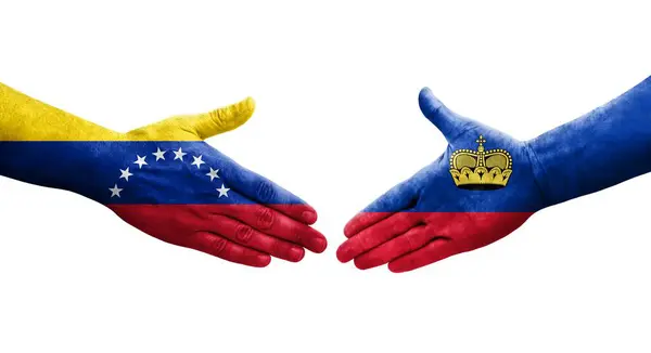 列支敦士登和委内瑞拉之间握手 手绘国旗 孤立透明的图像 — 图库照片