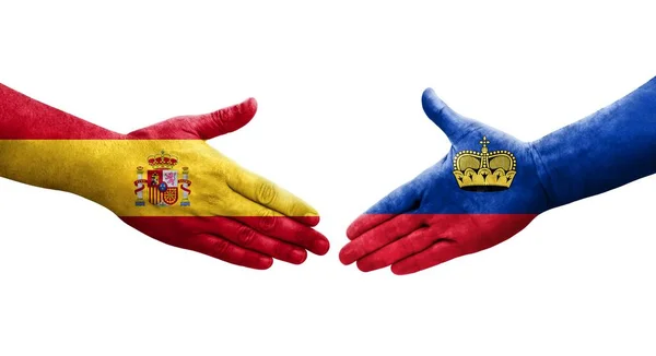 列支敦士登和西班牙之间握手 手绘国旗 孤立透明的图像 — 图库照片
