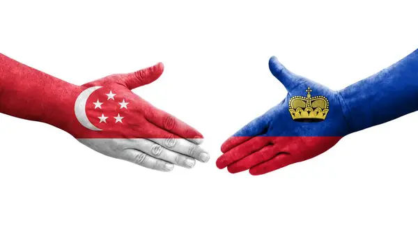 Handshake Liechtenstein Singapore Flags Painted Hands Isolated Transparent Image — Stock Photo, Image