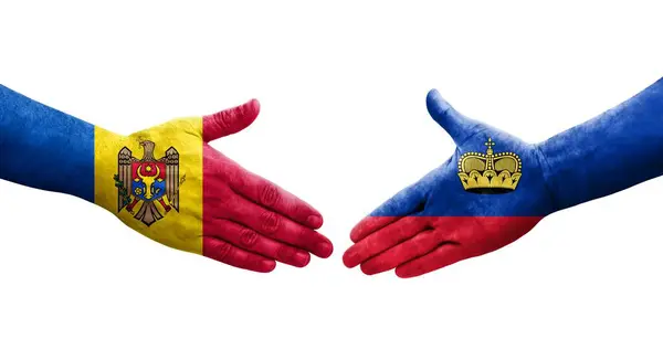 Aperto Mão Entre Liechtenstein Moldávia Bandeiras Pintadas Mãos Imagem Transparente — Fotografia de Stock