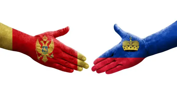 Stretta Mano Tra Liechtenstein Montenegro Bandiere Dipinte Mani Immagine Isolata — Foto Stock