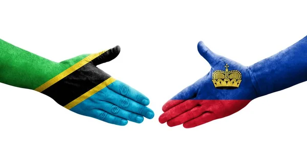 Aperto Mão Entre Liechtenstein Bandeiras Tanzânia Pintadas Mãos Imagem Transparente — Fotografia de Stock