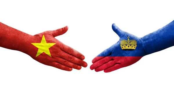 Aperto Mão Entre Bandeiras Liechtenstein Vietname Pintadas Mãos Imagem Transparente — Fotografia de Stock
