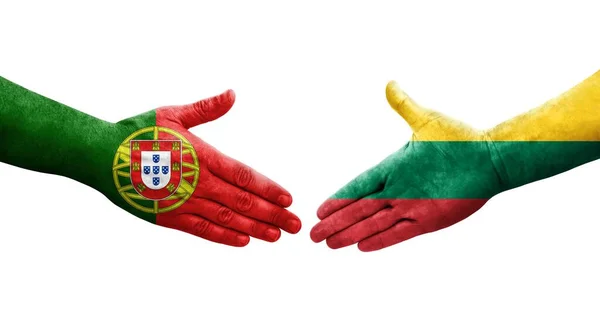 Apretón Manos Entre Lituania Portugal Banderas Pintadas Las Manos Imagen — Foto de Stock