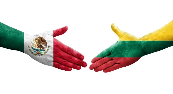Χειραψία Μεταξύ Λιθουανίας Και Μεξικού Σημαίες Ζωγραφισμένα Στα Χέρια Απομονωμένη — Φωτογραφία Αρχείου