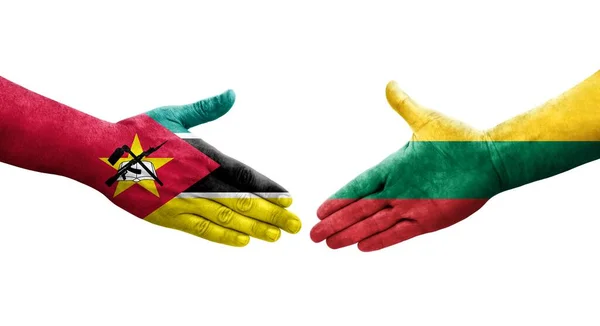 Stretta Mano Tra Lituania Mozambico Bandiere Dipinte Mani Isolata Immagine — Foto Stock