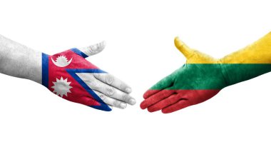 Litvanya ve Nepal bayrakları arasındaki tokalaşma elleri boyalı, izole şeffaf görüntü.