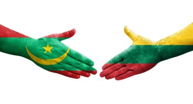 Litvanya ve Moritanya bayrakları arasındaki el sıkışma ellerinde izole şeffaf görüntü.