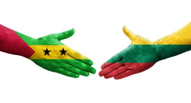 Litvanya ve Sao Tome ve Principe bayrakları arasındaki el sıkışma, izole şeffaf görüntü.