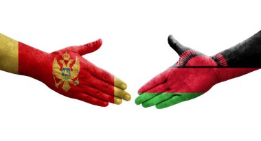 Malawi ve Karadağ bayrakları arasındaki el sıkışma, izole edilmiş şeffaf görüntü.