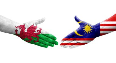 Malezya ve Galler arasındaki el sıkışma ellerinde boyanmış bayraklar, izole edilmiş şeffaf görüntü.