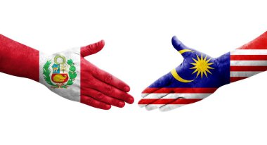 Ellere boyanmış Malezya ve Peru bayrakları arasındaki el sıkışma, izole şeffaf görüntü.