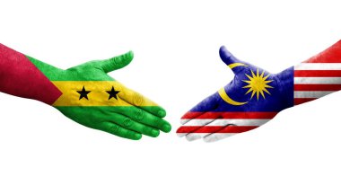 Malezya ve Sao Tome ve Principe bayrakları arasındaki el sıkışma, izole şeffaf görüntü.