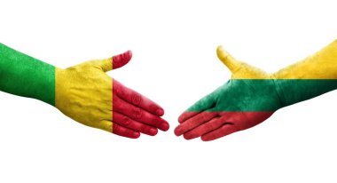 Mali ve Litvanya bayrakları arasındaki tokalaşma elleri boyalı, izole şeffaf görüntü.