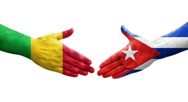 Ellere boyanmış Mali ve Küba bayrakları arasındaki el sıkışma, izole edilmiş şeffaf görüntü.