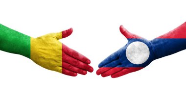 Mali ve Laos bayrakları arasındaki tokalaşma elleri boyalı, izole şeffaf görüntü.