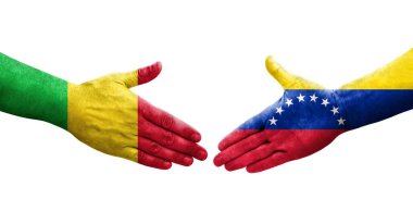 Mali ve Venezuela bayrakları arasındaki el sıkışma ellerinde resmedilmiş şeffaf görüntü.