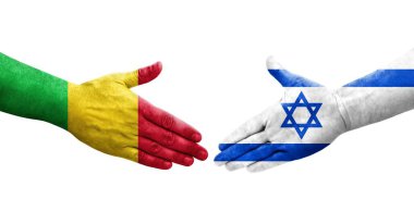 Mali ve İsrail bayrakları arasındaki el sıkışma ellere boyanmış, izole şeffaf görüntü.