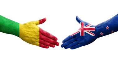 Mali ve Yeni Zelanda bayrakları arasındaki el sıkışma ellere boyanmış, izole şeffaf görüntü.