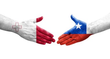 Ellerinde Malta ve Şili bayrakları arasında el sıkışma, izole şeffaf görüntü.